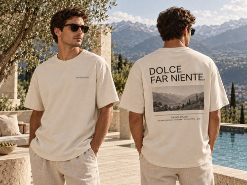 THE HOLIDAZED Dolce Far Niente T-shirt — front and back mockup