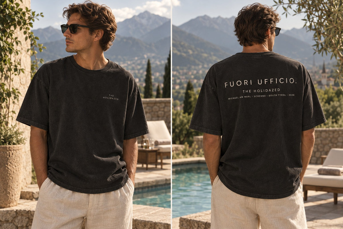 THE HOLIDAZED Fuori Ufficio T-shirt — front and back mockup