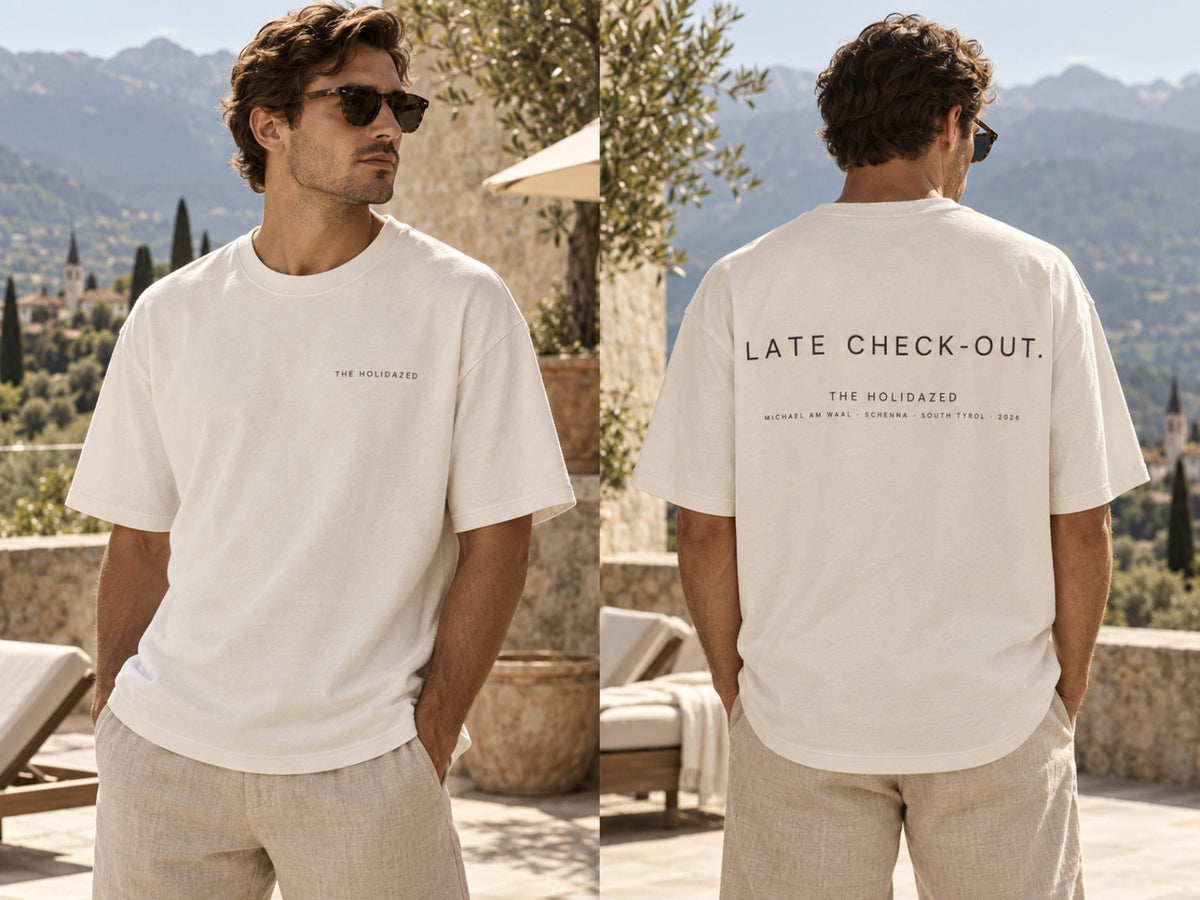 THE HOLIDAZED Late Check-Out T-shirt — front and back mockup