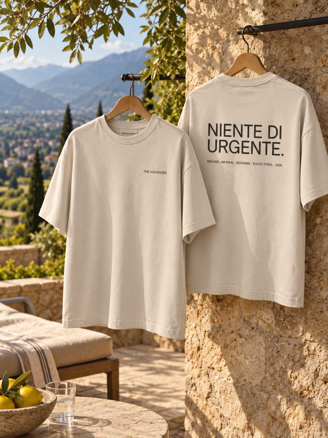 THE HOLIDAZED Niente di Urgente T-shirt — front and back mockup